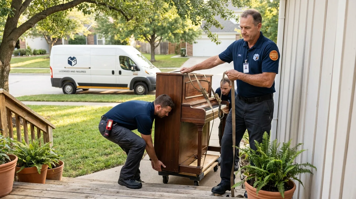 Licensed piano movers securing grand piano in Keosauqua, IA