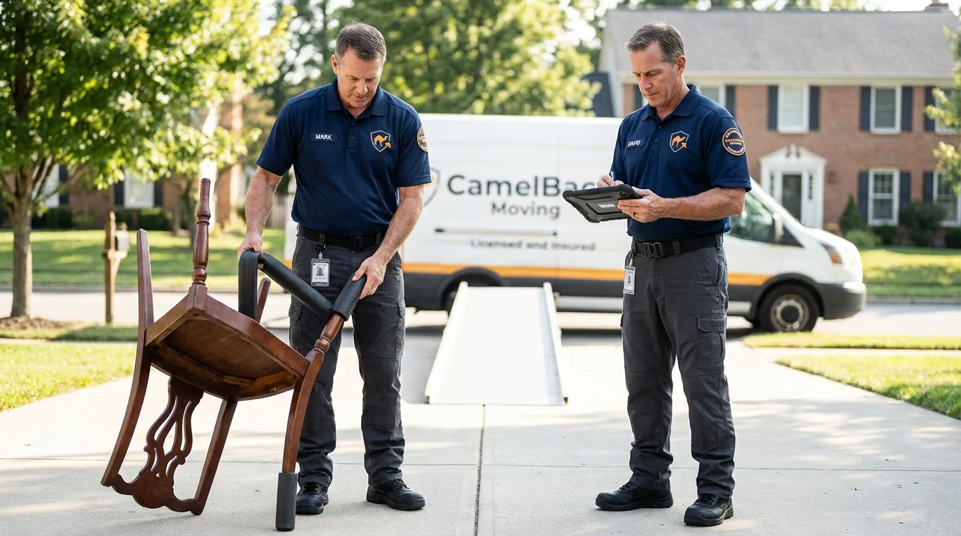 Movers inspecting furniture for damage prevention before loading in Keosauqua, IA