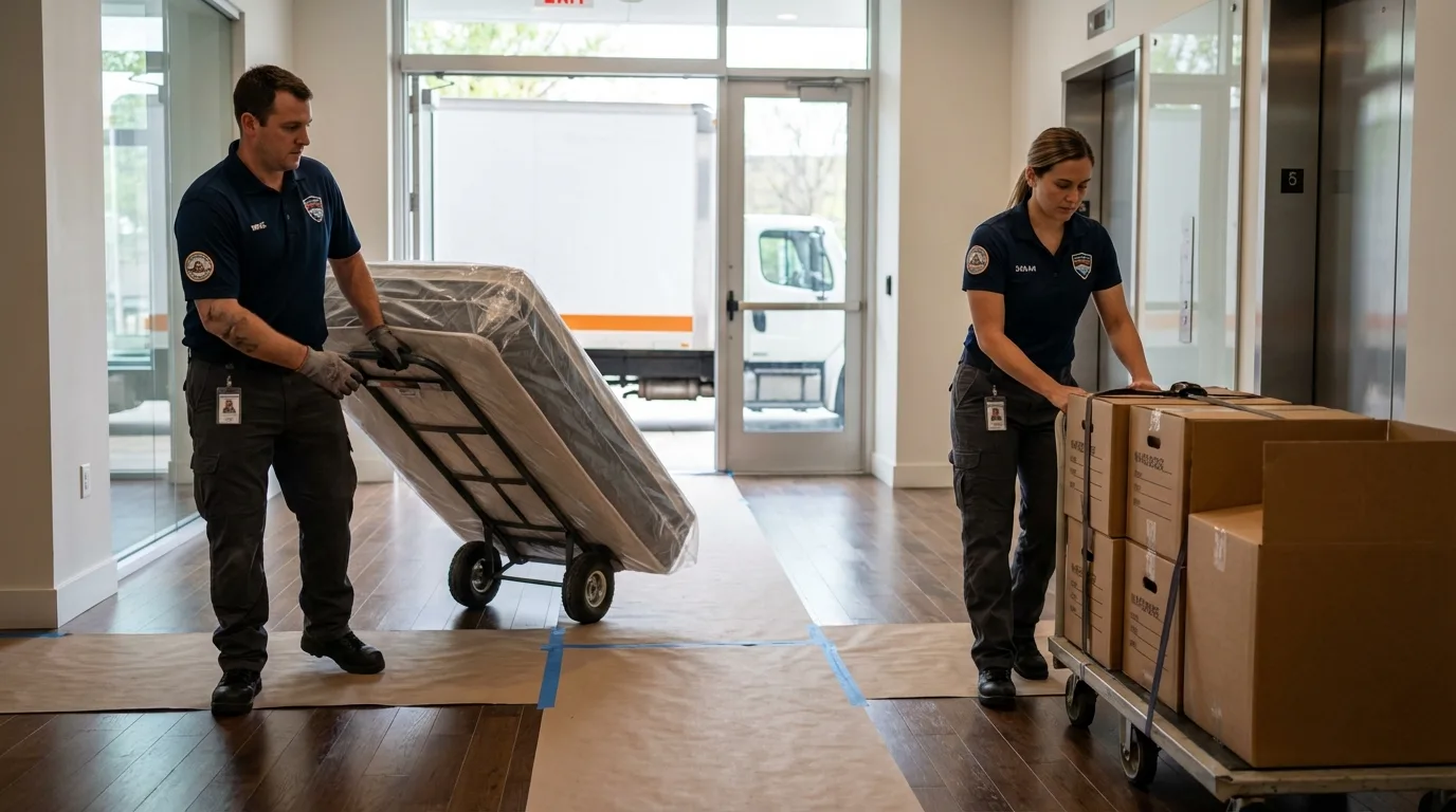 Professional apartment movers loading elevator in Keosauqua, IA