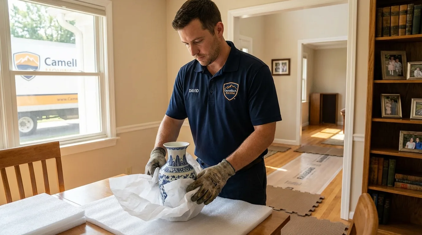 Professional crew carefully wrapping antique vase for senior downsizing move in Keosauqua, IA